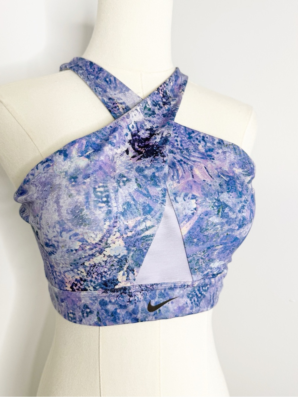 Nike Dri-FIT Swoosh Wrap Sports Bra Indigo Haze Abstract Print Size M